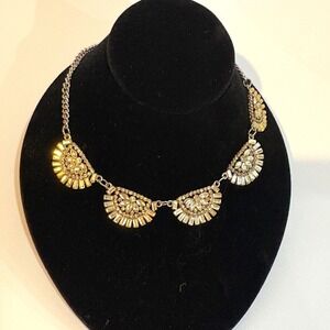 Gold Tone Champagne Crystal Fan Bib Statement Necklace Art Deco Style 18 Inch